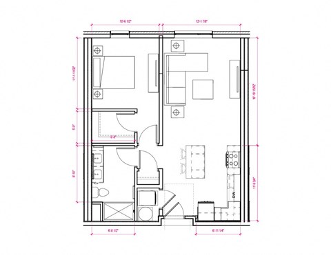 Floor plan for 1 bed, 1 bath, 664 sqft